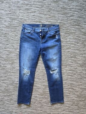 7 For All Mankind Distressed Dark Blue Cropped Jeans